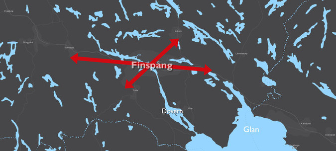 Kartillustration som visar gamla vandringsstråk mellan sjöarna vilket troligen givit upphov till namnet Finspång - "Fotgängarnas broställe".